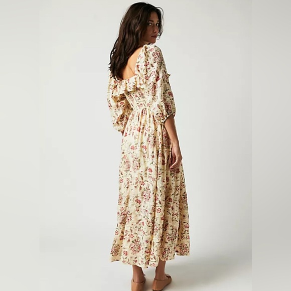 Free People Printed Oasis Shirred Smocked Square Neck Midi Dress Large - Picture 2 of 16